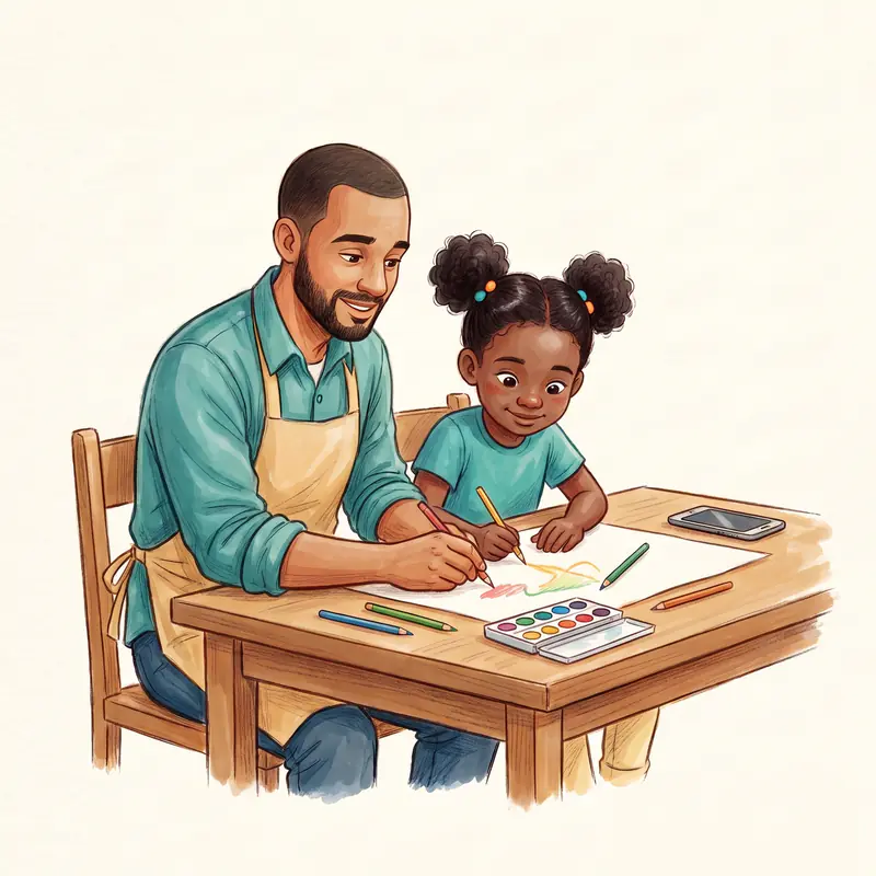 Un padre y una niña sentados a la mesa, dibujando juntos con lápices de colores; el celular descansa boca abajo al otro extremo.