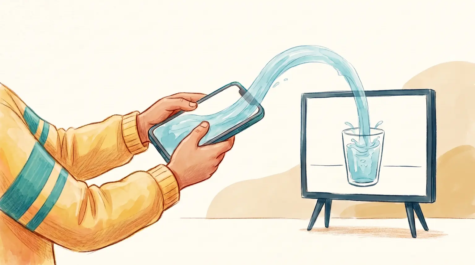 Las manos de un niño inclinan un celular y el agua cae dentro de un vaso dibujado en la pantalla del televisor del fondo.
